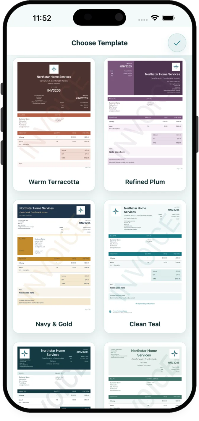 Document template selection in InvoiceXpress
